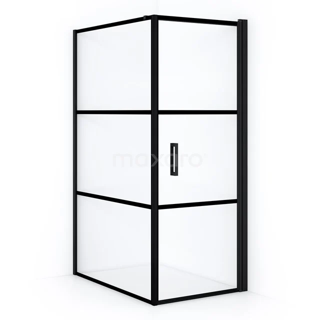 Schwarze rechteckige Duschkabine mit industriellem Look, Glasplatten und Metallrahmen. Perfekt für ein modernes Badezimmer.