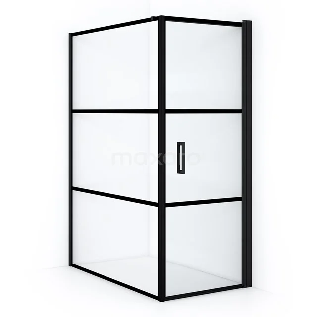 Diamond Shower cabin | 140x70 cm Matte black Clear with 4 black stripes Pivot door Rectangle CDA10714118RMBN Black industrial shower screen with matte black frame and frosted glass, ideal for a modern bathroom.