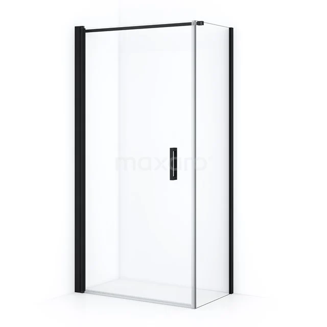Glass shower enclosure with black aluminium profiles and sliding door, ideal for a modern bathroom.