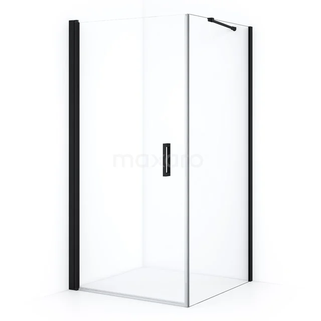 Moderne Eck-Duschkabine mit Klarglas, schwarzen Profilen und minimalistischem Design, ideal für ein stilvolles Badezimmer.