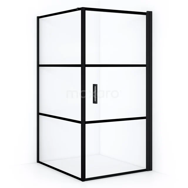 Strakke zwarte hoekdouchecabine met een industriële look en glazen panelen, ideaal voor een moderne badkamerstijl.
