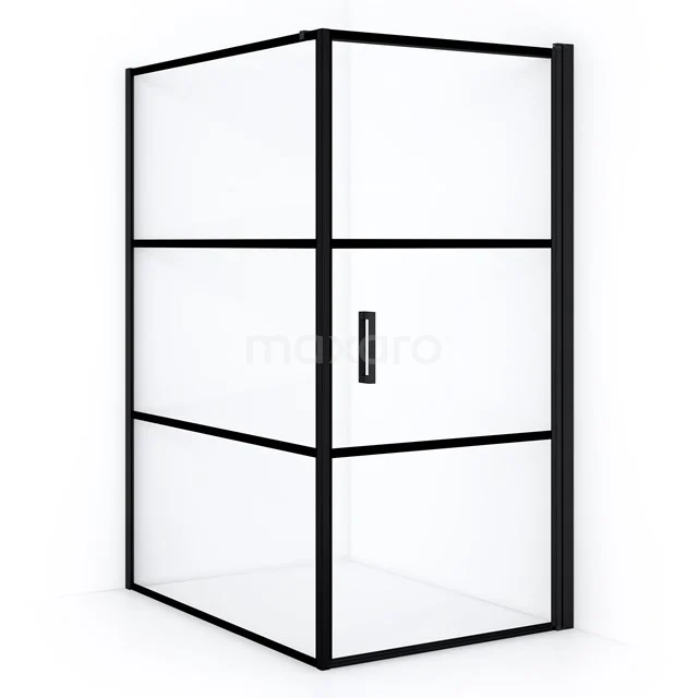 Black shower enclosure with matte black profiles, clear glass and industrial style, perfect for a modern bathroom.