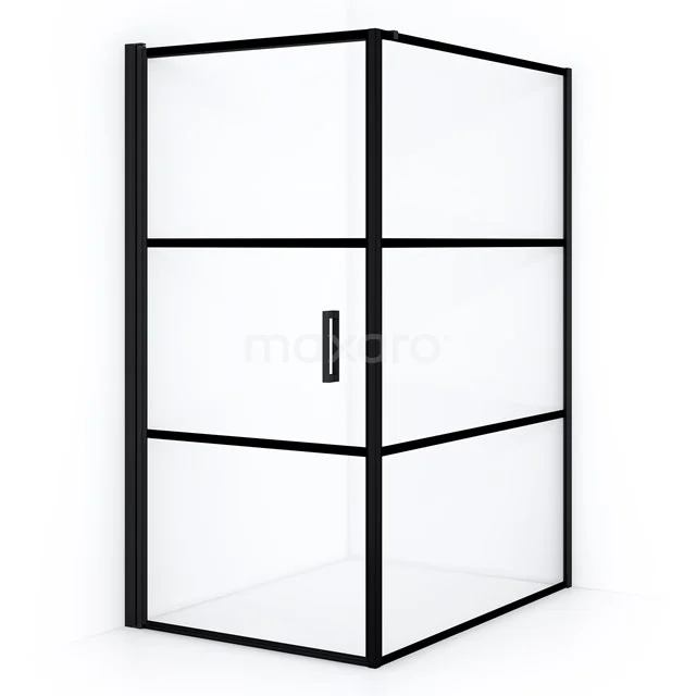 Black frame shower enclosure with clear glass, minimalist design, perfect for modern bathrooms.