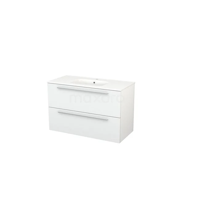 Weißes Badezimmermöbel mit doppelter Schublade, modernes Design und integriertem Waschbecken, perfekt für eine stilvolle Badezimmergestaltung.