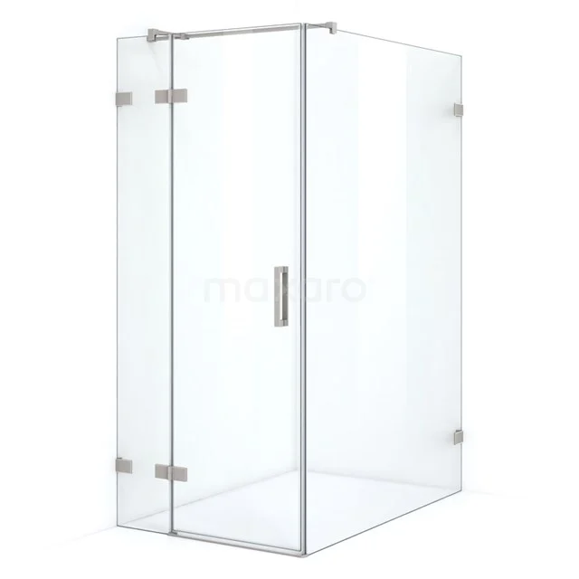 Glass corner shower cabin with hinged door, minimalist design in stainless steel. Perfect for a modern bathroom.