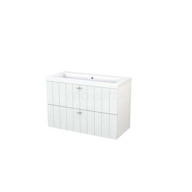White bathroom furniture set with double drawers, modern vertical line pattern and integrated basin, perfect for any bathroom.