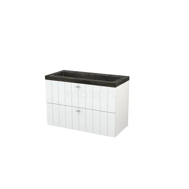 White bathroom unit with two drawers, black basin worktop, wood-look panels, ideal for modern bathroom design.