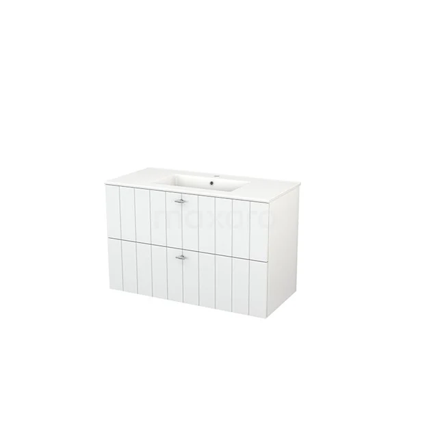 White vanity unit with horizontal lines, two drawers and a ceramic basin, ideal for a modern bathroom.