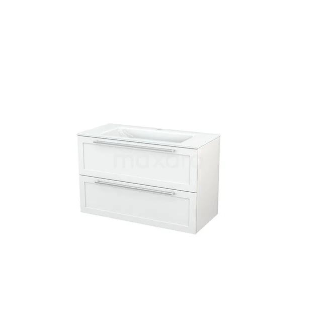 Modulo+ Vanity units with basin | 100 cm High-gloss white Frame front Glass 2 Stacked drawers BMP003090 White Bathroom unit with two drawer panels, modern design, glossy finish, ideal for bathroom storage and organisation.