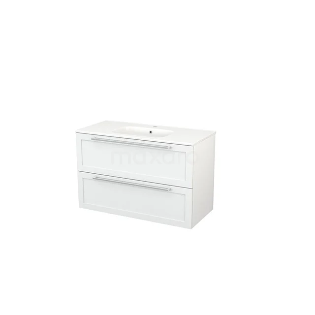 White vanity unit with two drawers, glossy finish, ideal for modern bathrooms.