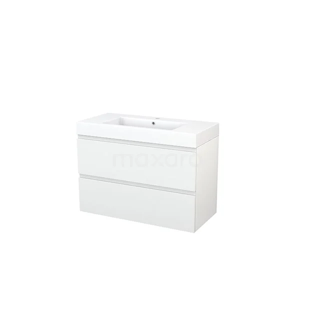 White bathroom unit with two drawers, high-gloss finish and integrated ceramic basin, modern and functional design.
