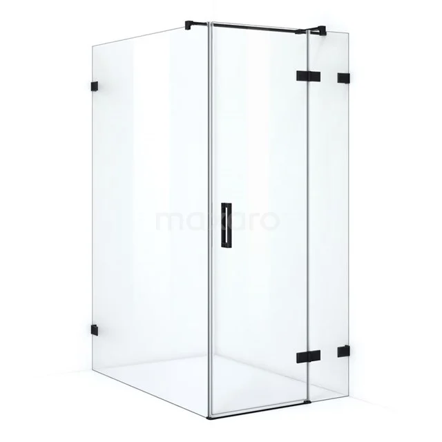 Glass corner shower cabin with matte black hinges and Handle, modern design for a stylish bathroom.