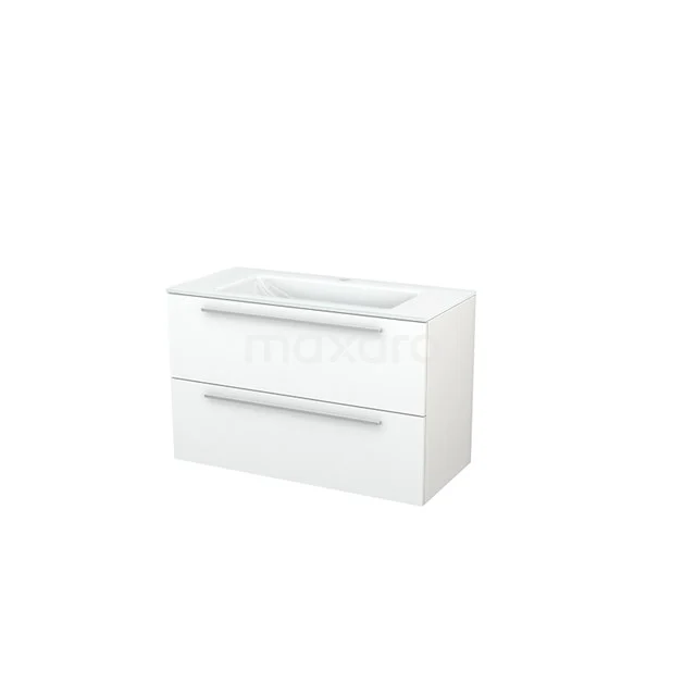 White modern bathroom furniture set with 2 drawers, glossy finish and integrated Basin, ideal for small bathrooms.