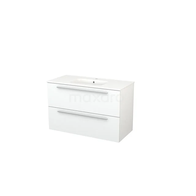 Modulo+ Bathroom furniture with sink | 100 cm Matte white Flat front Ceramic 2 Stacked drawers BMP003121 White bathroom unit with glossy drawers and integrated vanity units with basin, modern design, ideal for stylish bathroom design.
