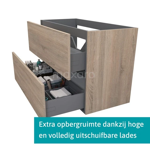 Modulo Badkamermeubel Met Wastafel | 80 Cm Lichtbruin Eiken Greeploos Front Keramiek 3 Lades 127833