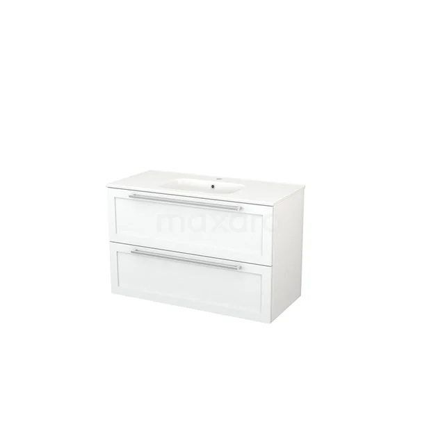 White bathroom unit with two wide drawers, ceramic basin and sleek design, ideal for modern bathroom design.