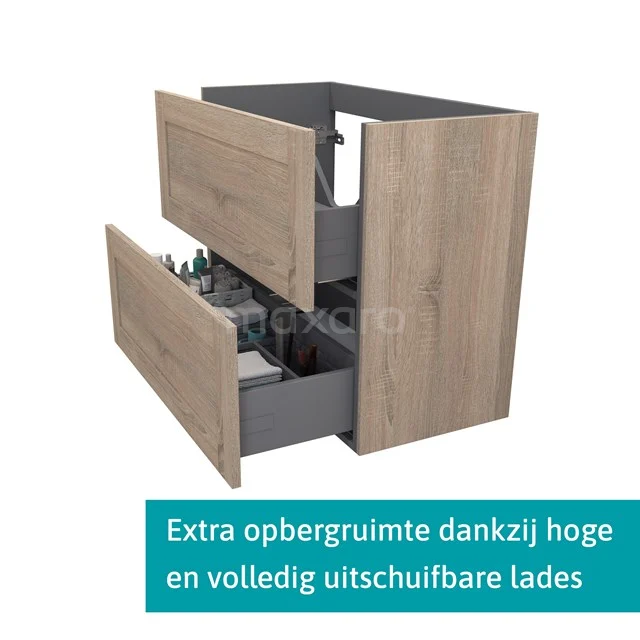 Modulo Plato Slim Badkamermeubel voor waskom | 80 cm Eiken Kader front Lichtgrijs beton blad 2 lades onder elkaar BMK37-01366