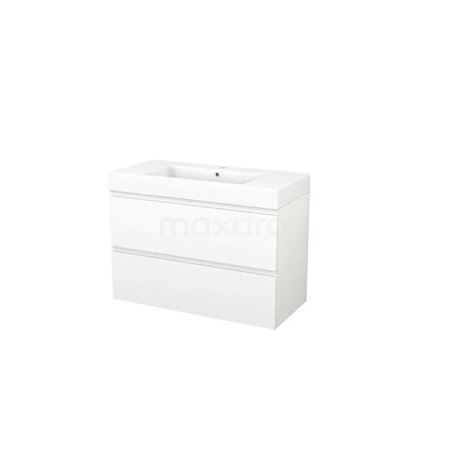 White bathroom furniture set with clean lines, two drawers and integrated basin; ideal for modern bathroom design.