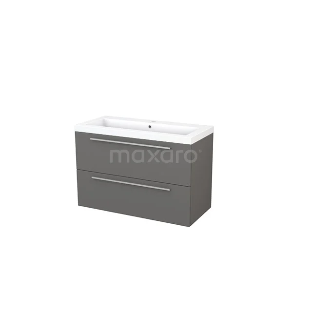 Grey wooden bathroom unit with two drawers and white vanity units with basin, ideal for modern bathroom design.