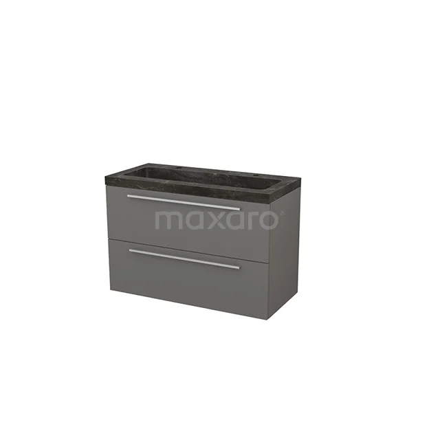 Modulo+ Bathroom furniture with sink | 100 cm Basalt Flat front Natural stone 2 Stacked drawers BMP003162 Grey bathroom cabinet with matte black worktop, two drawers and modern design, ideal for stylish bathroom storage.