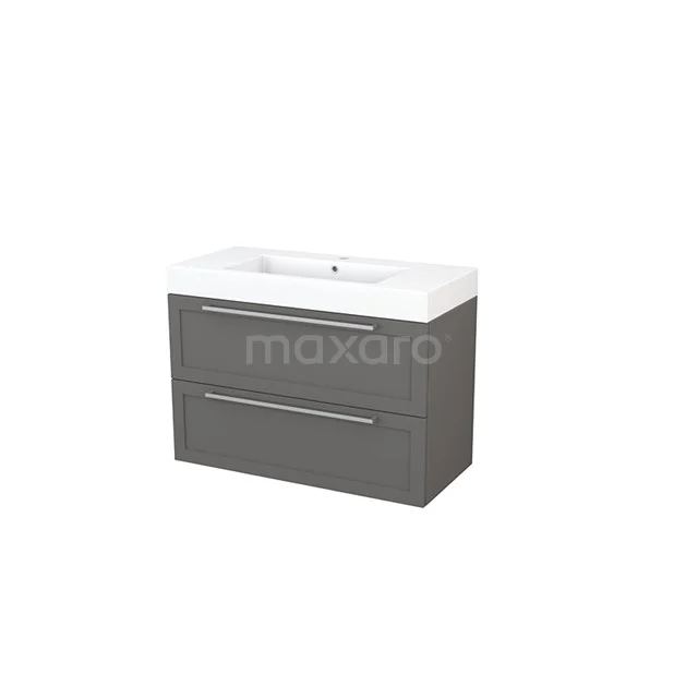 Grey Basin cabinet with two drawers and white ceramic basin, ideal for a modern bathroom.