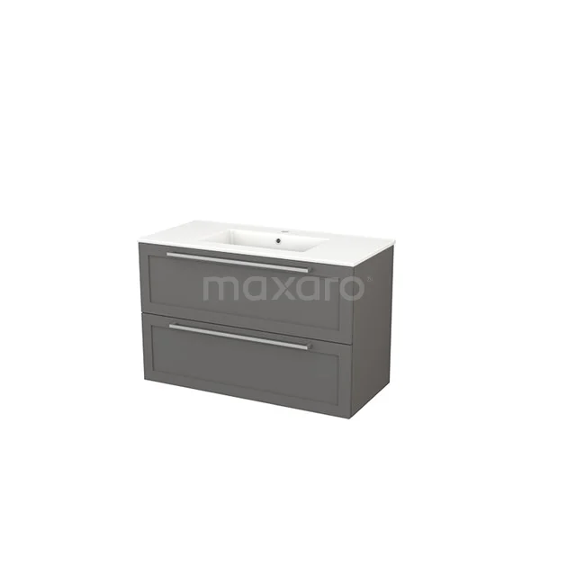 Grey bathroom furniture set with double drawers, sleek finish and ceramic basin, ideal for modern bathroom layouts.