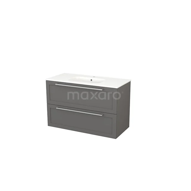 Grey bathroom furniture set with two drawers and a white ceramic basin, modern design, ideal for stylish bathroom design.