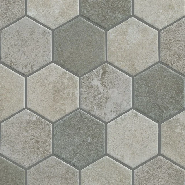 Sechseckige graue Badezimmerfliesen, Natursteinlook, vielseitig und stilvoll für moderne Boden- und Wandverkleidungen.