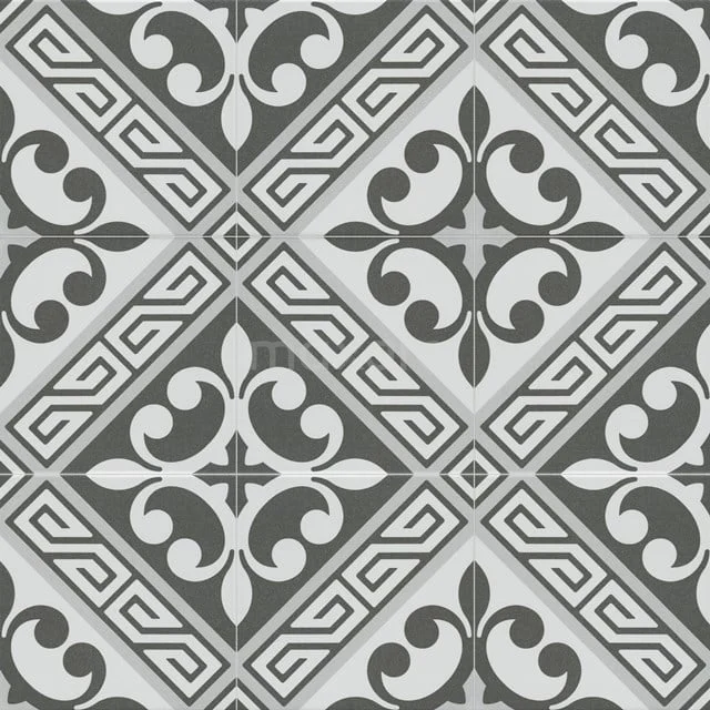 Graue keramische Bodenfliese mit eleganter Mustergestaltung, ideal als stilvolle Badezimmerfliesen mit einem Retro-Look.