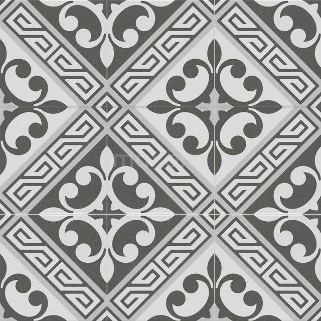 Grey ceramic floor tile with ornate pattern design, ideal as stylish bathroom tiles with a retro look.
