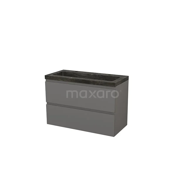 Grey bathroom cabinet with two drawers, modern shape, with black basin worktop; ideal for stylish bathroom design.