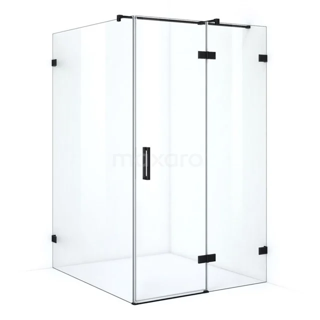 Sleek glass shower enclosure with black frosted accents, ideal for a modern bathroom design.