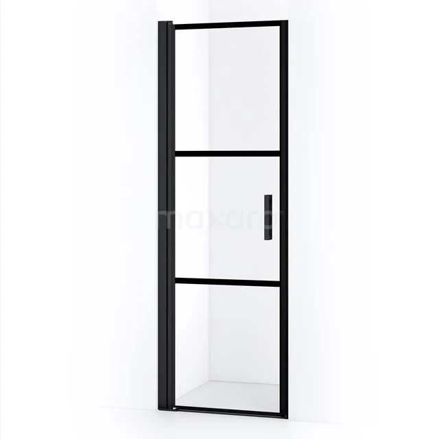 Schwarze Dreh-Duschtür mit matt schwarzem Rahmen, Klarglas und Haltegriff, ideal für einen modernen Badezimmerstil.