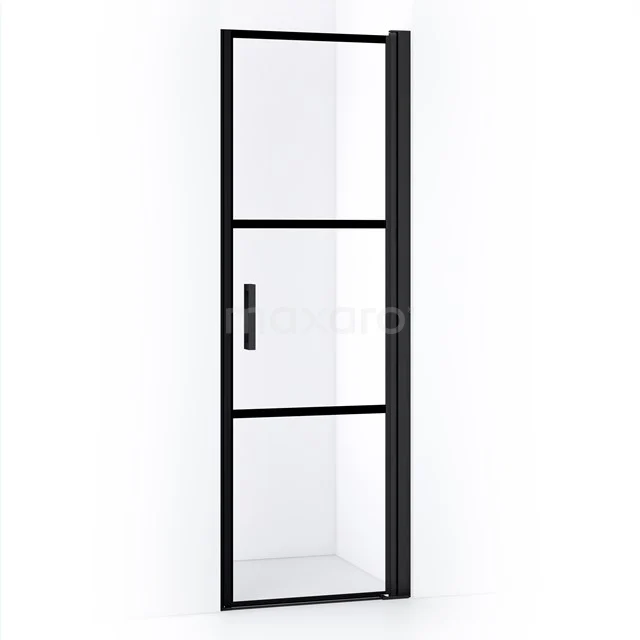 Schwarze industrielle Duschtür mit Klarglas, schlankem Aluminiumrahmen und Haltegriff, geeignet für ein modernes Badezimmer.