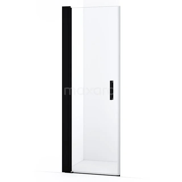 Sleek glass shower door with matte black profile, fitted with stylish handle; ideal for a modern bathroom.