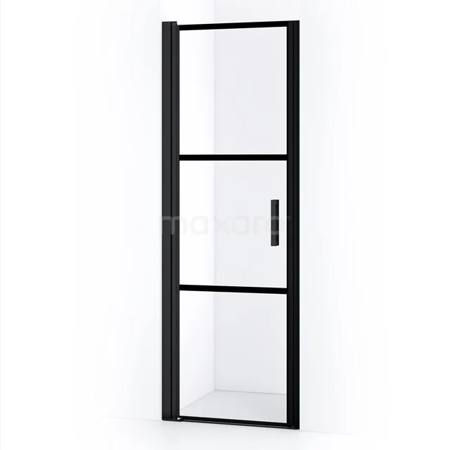 Schwarze Duschtür mit Klarglas und Metallrahmen, modernes Design, perfekt für schlichte Bäder.