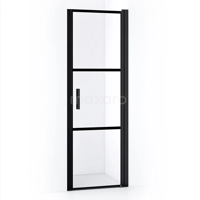 Schwarze industrielle Duschtür mit Klarglas, Metallrahmen und Haltegriff, ideal für einen modernen Badezimmerstil.