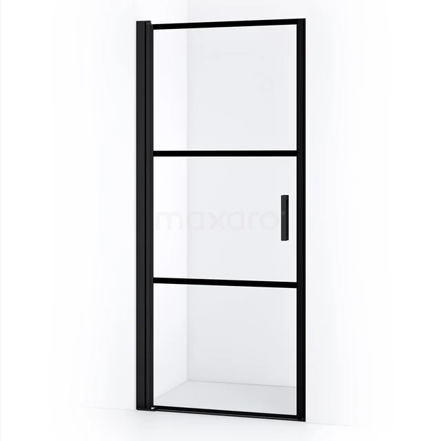 Black industrial shower door with clean lines and clear glass, perfect for a modern bathroom style.
