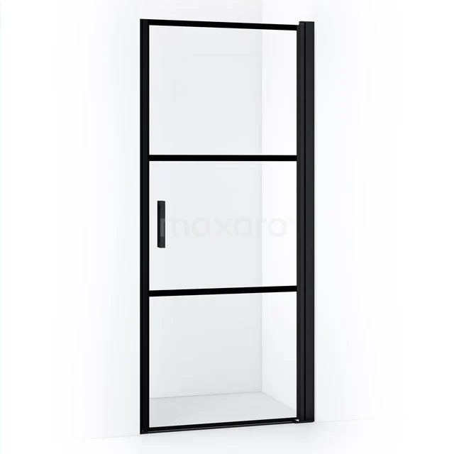 Schwarze Duschtür mit industriellem Aussehen, matt schwarzem Rahmen, Klarglas und klaren Linien, ideal für ein modernes Badezimmer.