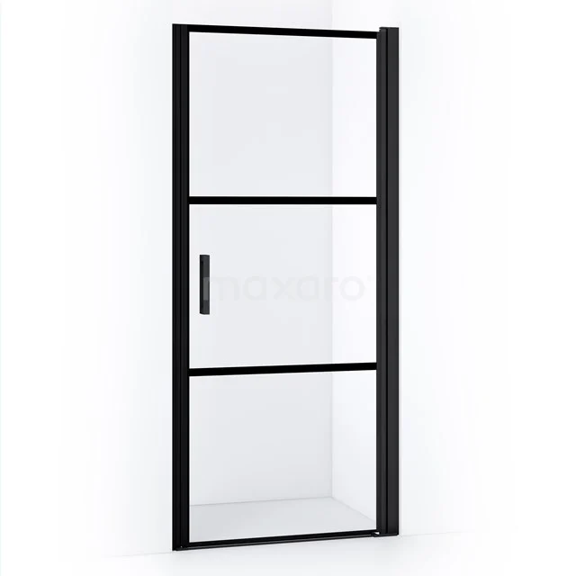 Diamond Shower door | 70 cm Matte black Clear with 4 black stripes Pivot door DDA107218RMBN Black steel shower door with clear glass, industrial design, perfect for a modern bathroom.