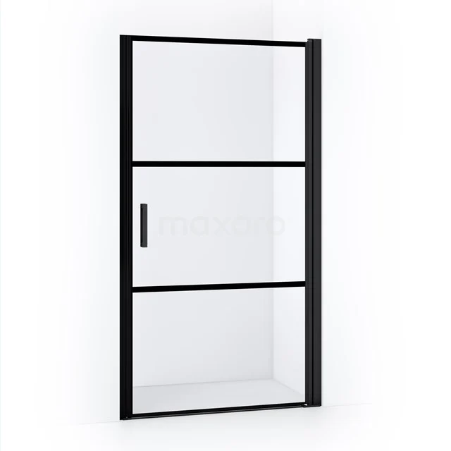 Diamond Shower door | 90 cm Matte black Clear with 4 black stripes Pivot door DDA109218RMB Black industrial shower door with matt black frame and clear glass, perfect as a stylish bathroom solution.