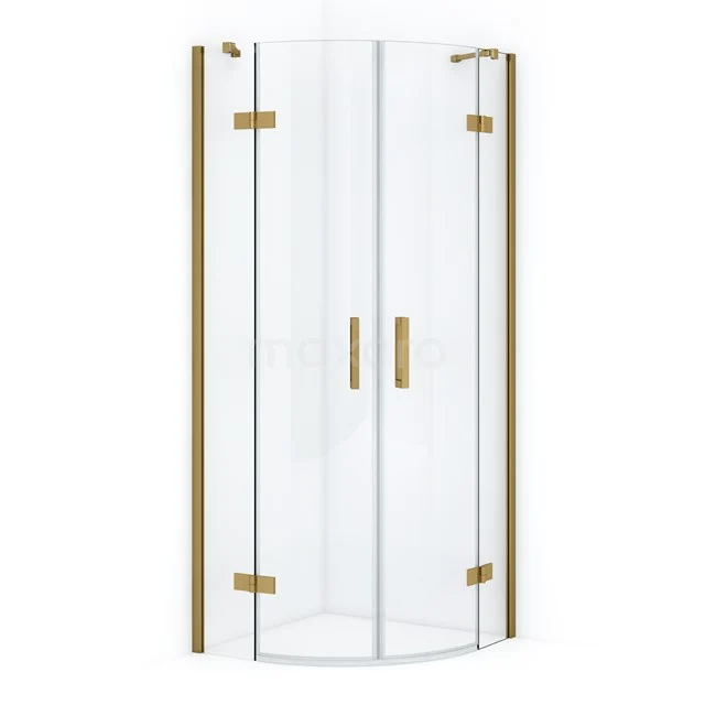 Glass shower enclosure with gold accents, corner model, elegant design, perfect for modern bathrooms.