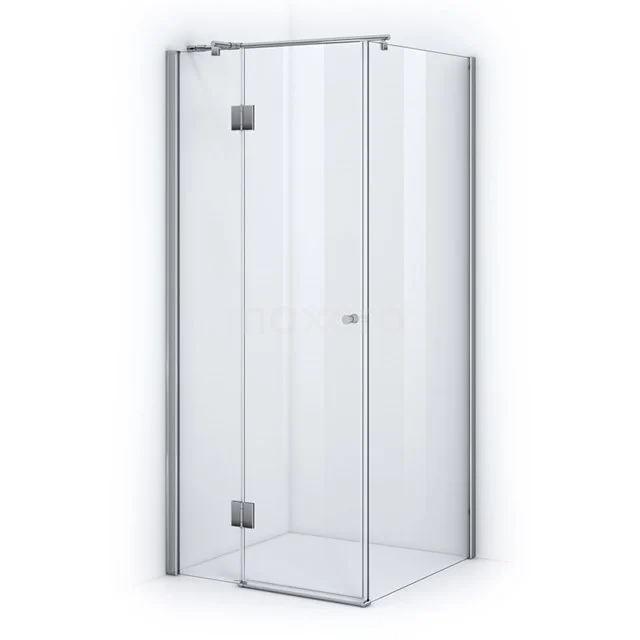 Glass shower enclosure with corner step, transparent safety glass and Stainless steel hinges, ideal for a modern bathroom.