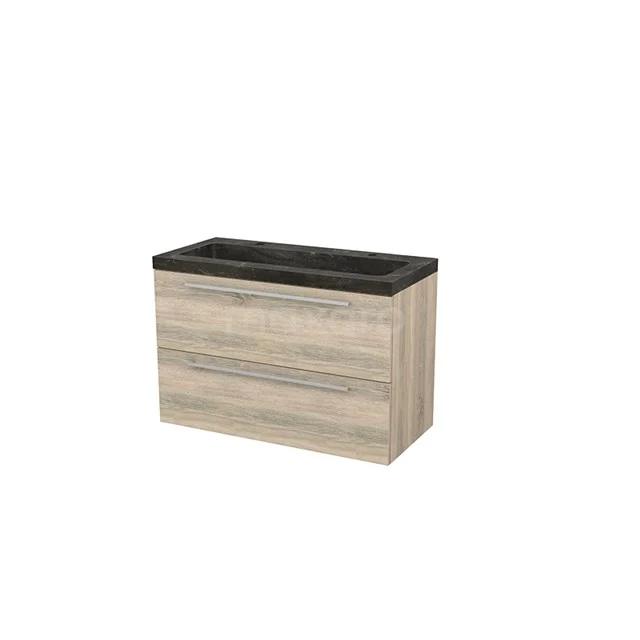 Wooden bathroom unit with two drawers, black natural stone basin worktop, modern design. Series: Nordic Oak.