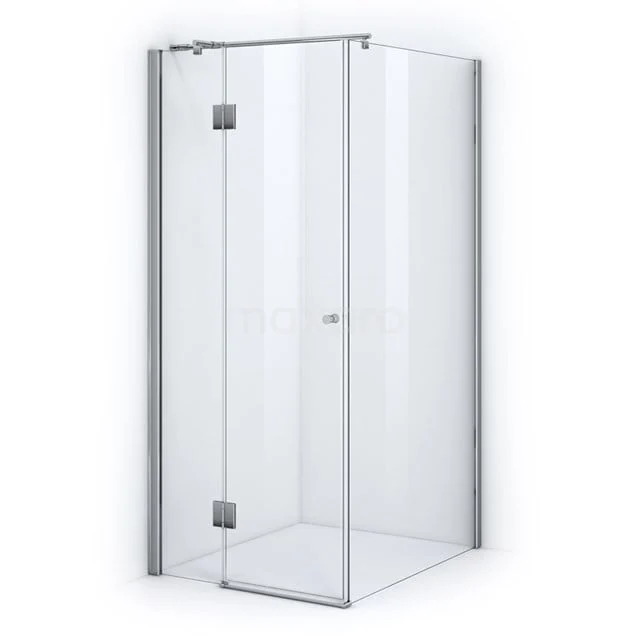 Glass shower enclosure with corner door, clear glass and aluminium profiles, modern and space-saving bathroom solution.