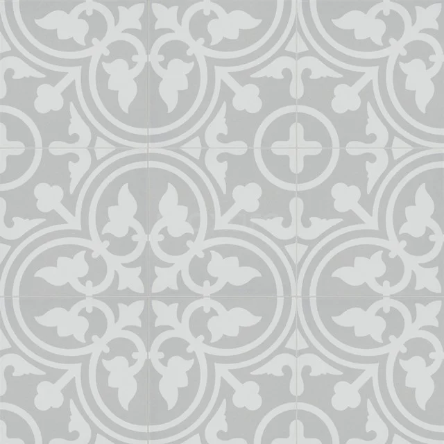 Tile sample, Floor tile/Wall tile, Memory Classic Grey 402-0105TS Grey ceramic bathroom tile with decorative pattern and vintage look, ideal for wall decoration.