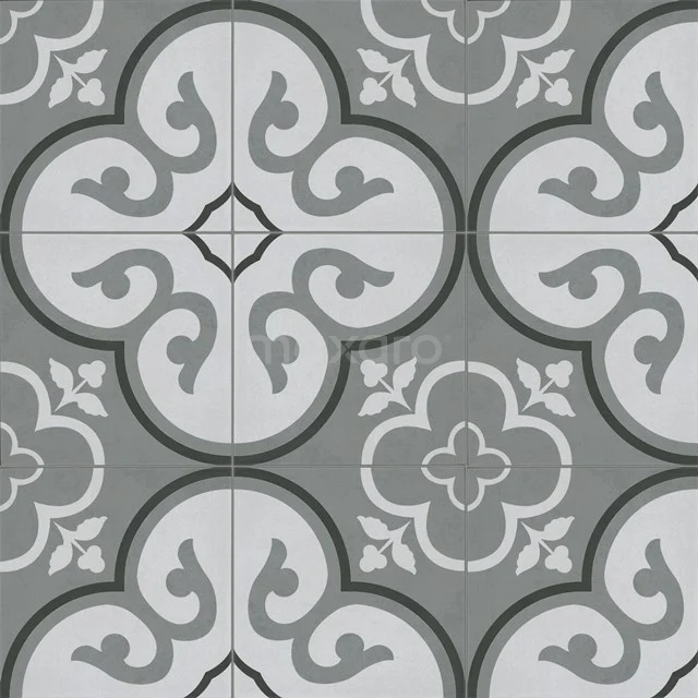 Graue Keramikfliese mit Vintage-Muster, ideal für stilvolles Badezimmerdesign und langlebige Böden oder Wände.