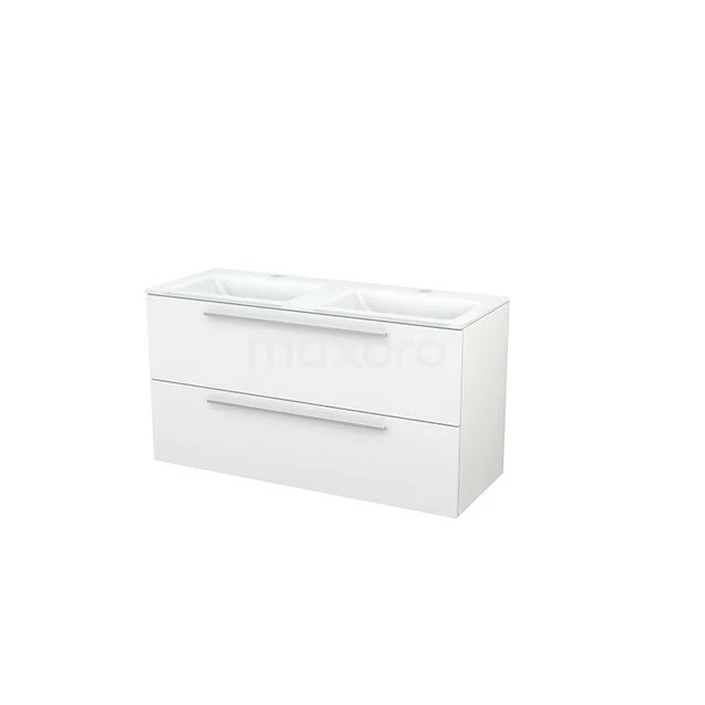 Modulo+ Vanity units with basin | 120 cm High-gloss white Flat front Glass 2 Stacked drawers BMP003310 White vanity unit with two drawers, sleek design, glossy finish and metal handles, ideal for a modern bathroom.