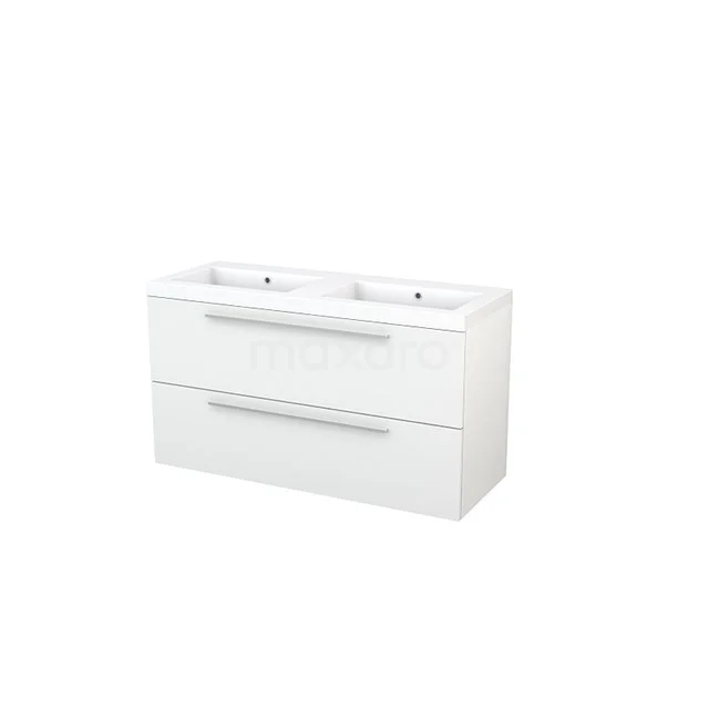 White bathroom unit with double basin, two wide drawers and slim handles, ideal for modern bathroom design.