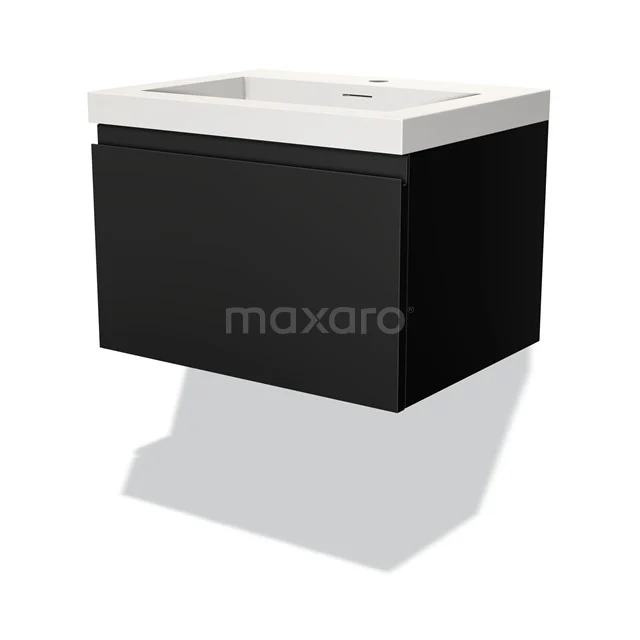 Schwarzer, rechteckiger Badschrank mit weißem Waschbecken, modernes Design, ideal für ein stilvolles Badezimmer.